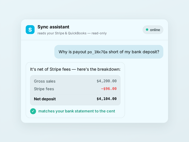 An assistant explaining a Stripe payout that ties out to the bank deposit